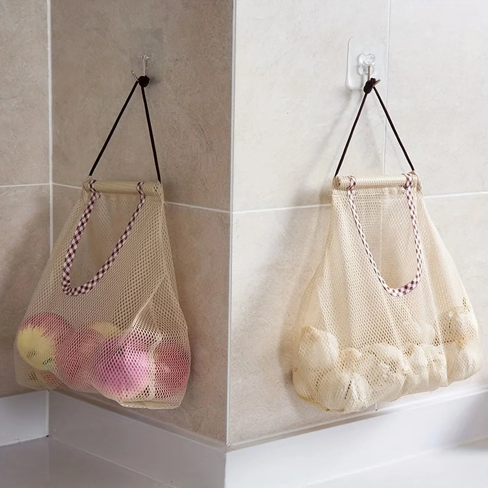 1pc Classic Style Hanging Mesh Storage Bag with Window-View - Multipurpose Fabric Shelf Basket for Fruit and Vegetable Qme