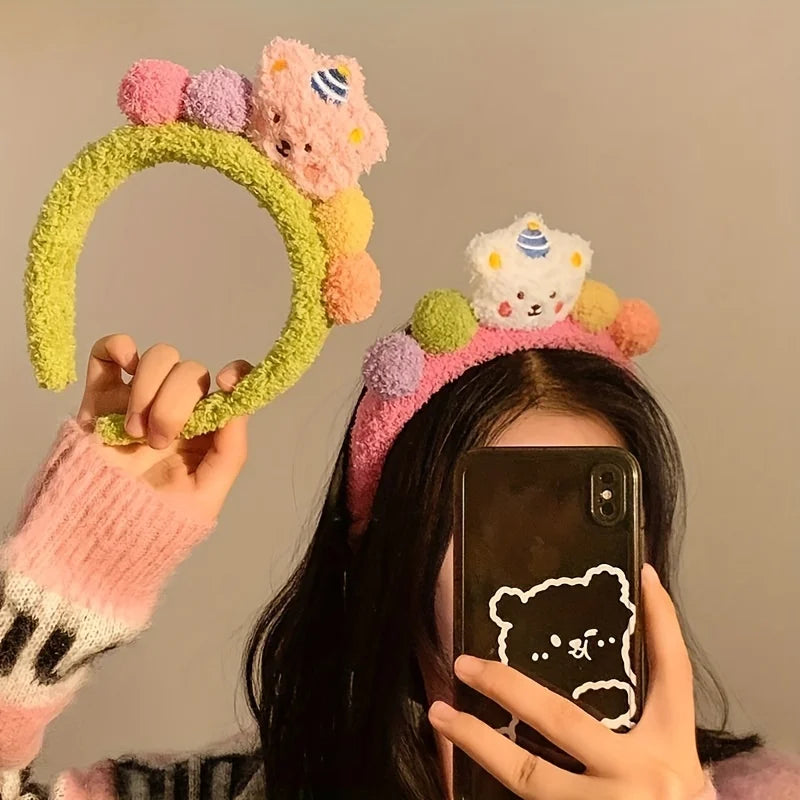 Cute Bear Plush Headband, Fluffy Cartoon Hairband For Washing Face, Makeup, Shower, Women Girls Qme
