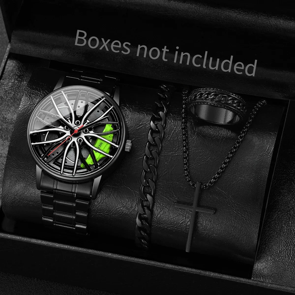 4PCS/Set Fashion 3D Car Wheel Dial Men Sports Watch Luxury Steel Band Quartz Wristwatches Jewelry Set Reloj Hombre（Without Box） Qme Green Without Box