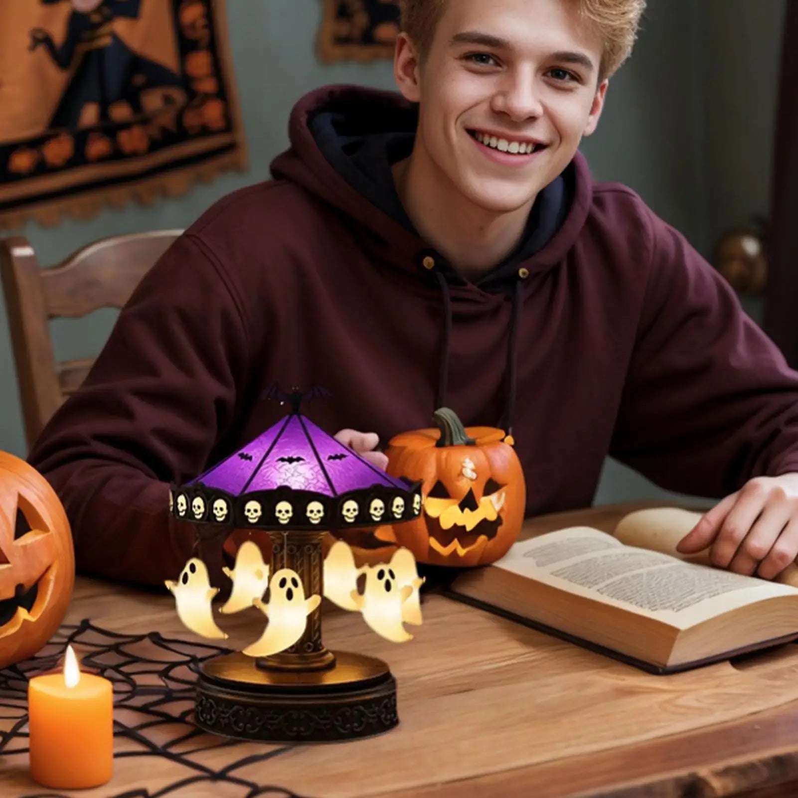 Halloween Ghost Decor Vintage Carousel Decor With Floating Ghost Scary Halloween Decoration Eerie Home Accents For Festival Qme