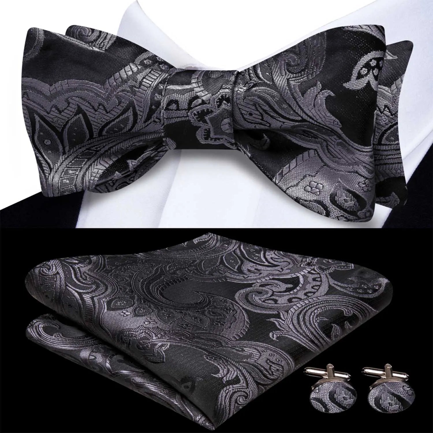 Men's Stylish Two-tone Paisley Tie Including Bow Handkerchief Qme QQHT-LH-2302