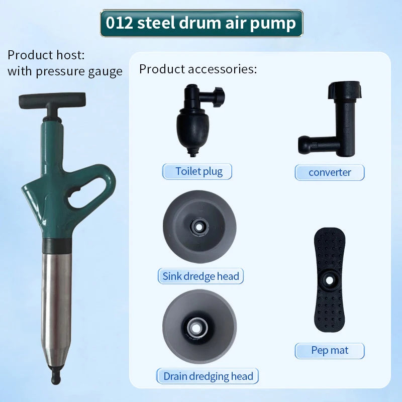 Stainless Steel Toilet Pipe Dredger Pneumatic Household High-pressure Dredging Tool Set Thickened Wall Cylinder Sturdy And Safe Qme