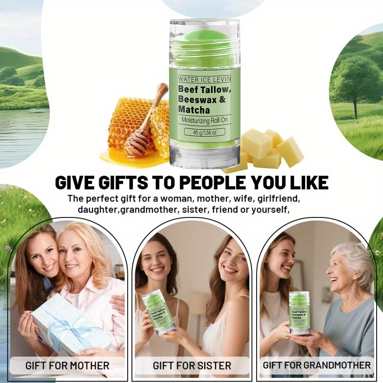 Collagen Infused Matcha Tallow Balm, Beef Tallow & Beeswax Moisturizing Roll On Treatment Qme