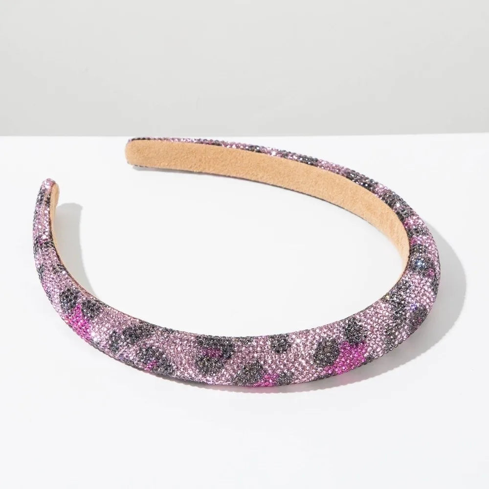Simple Bling Rhinestone Headband Wide Luxury Leopard Print Hairband Non-slip Glittering Women Hair Hoop Banquet Qme
