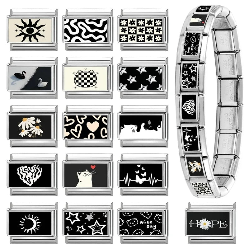 2025 Fashion Red Strawberry Love Heart Black Sun Moon Stars Italian Charm Links Fit 9mm Bracelet Stainless Steel Jewelrys Making Qme
