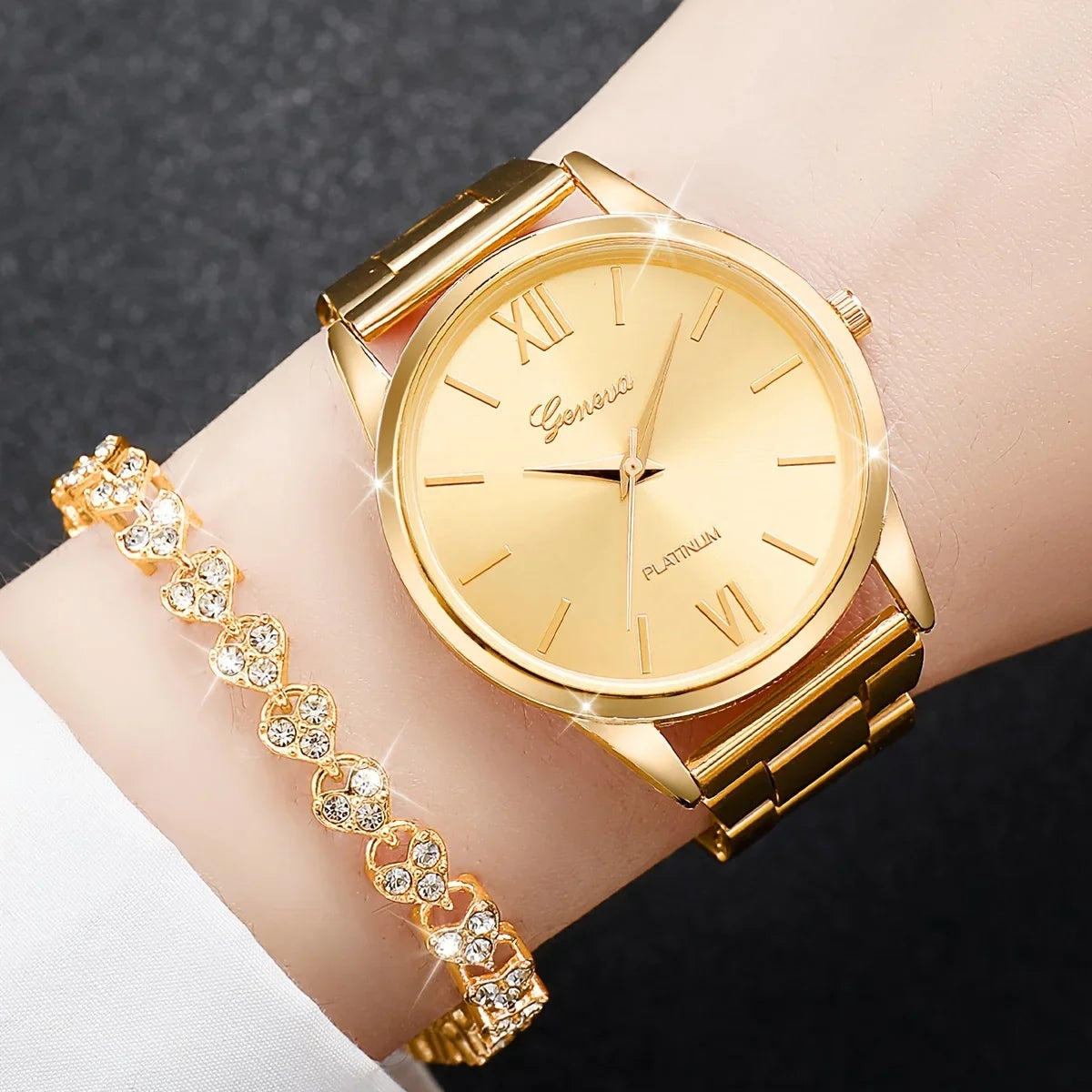2pcs/set Golden Fashion Quartz Watch Business Minimalist Steel Band Wrist Watch & Bracelet, Gifts For Women Her Qme
