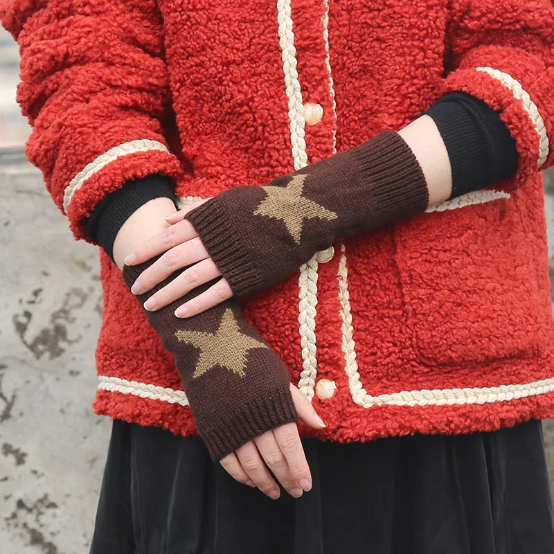 Knitted Black Punk Fingerless Gloves Ins Fashion Y2K Cuff Women Men Glove Elbow Cool Stretch Winter Arm Warmer Mitten Guantes Qme Brown