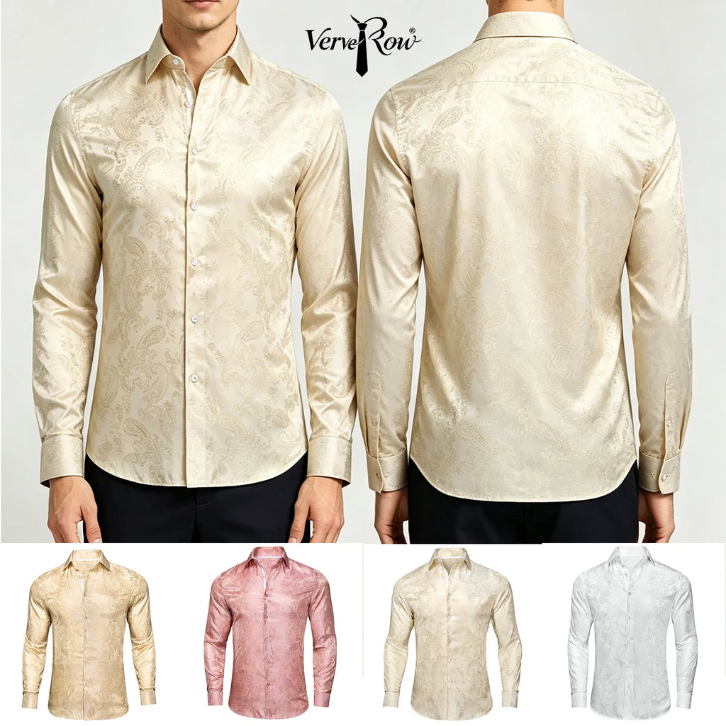 Single Paisley Long Sleeve Shirt Men, Pink or Apricot or White, Loose Collared Button Top For Daily Casual Outfit Qme