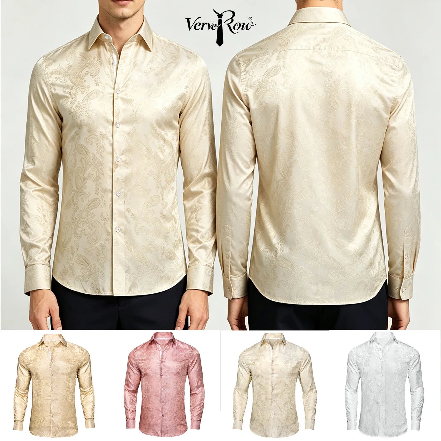 Single Paisley Long Sleeve Shirt Men, Pink or Apricot or White, Loose Collared Button Top For Daily Casual Outfit Qme