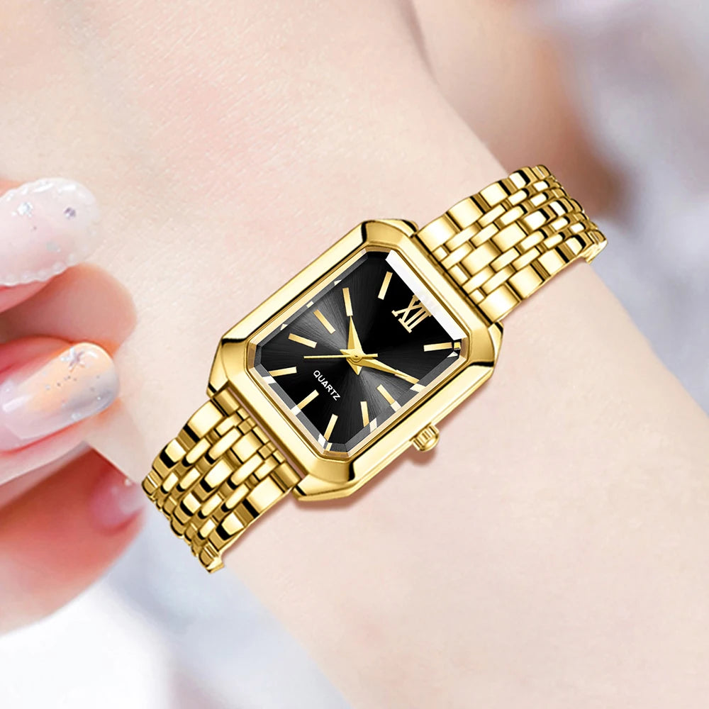 Golden Roman Black Plate Small Square Watch Water Drop Metal Bracelet Earnail Necklace 6-piece Set Extreme Accessories Qme