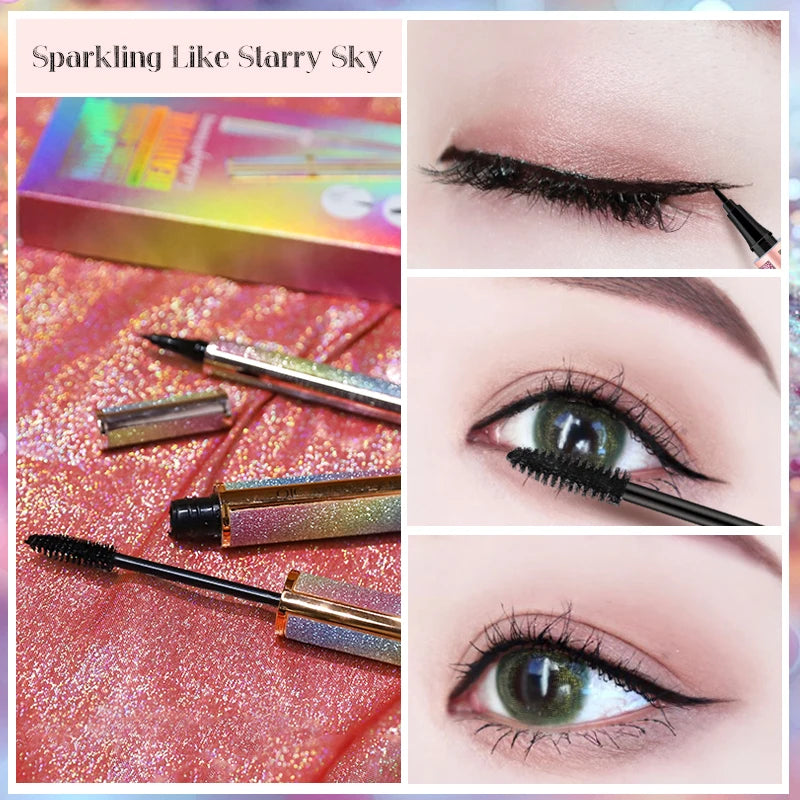 Black Mascara Liquid Eyeliner Set,5D Waterproof Fiber Colored Mascara Volume and Length,Longlasting Smudgeproof Eye Liner Pen Qme