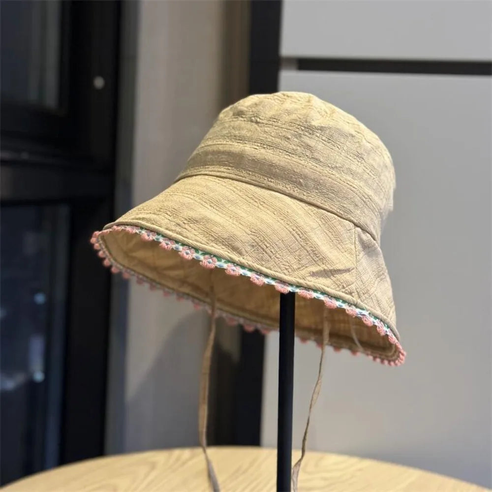 Fashion Lace Up Women Fisherman Hat Plaid Solid Color Summer Sun Hat Sun Protection Breathable Lace Flower Bucket Hat Camping Qme Khaki