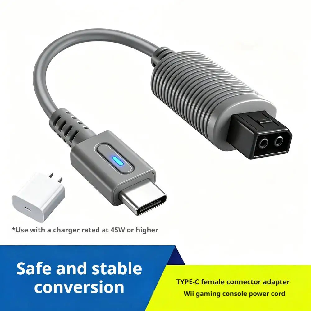 45W PD Type‑C Female to Wii Power Adapter Cable, 12cm Short Cord with Smart PD Decoy Chip, Stable Power Supply for Wii Console Qme