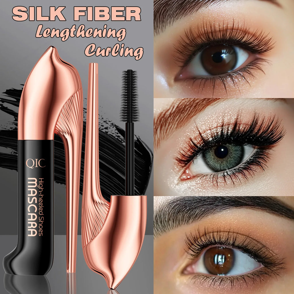 QIC High-heeled Shoes Mascara 3D Fiber Mascara, Long Black Volumizing Eyelash Extension, Waterproof Eye Makeup Tool Qme