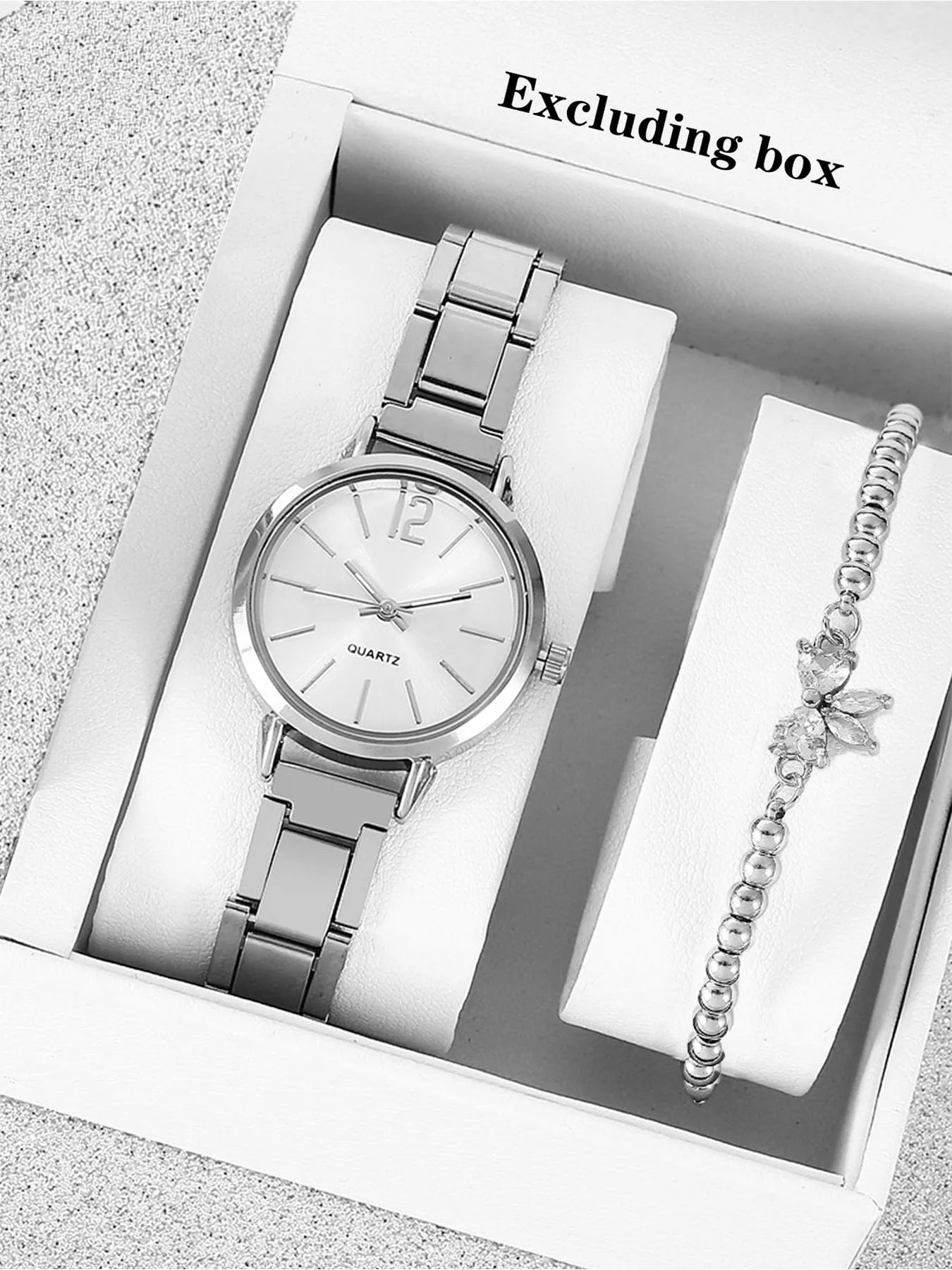 2-piece women's small dial casual versatile quartz watch set for middle and high school students Qme Silver No