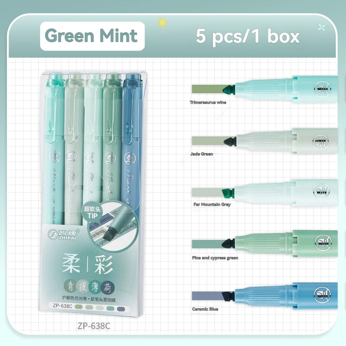 5Pcs/set Pastel Highlighters Marker Colors Fluorescent Hook Pen Colored Mark Pen Japanese Stationery School Supplies Kawaii Qme Mint green