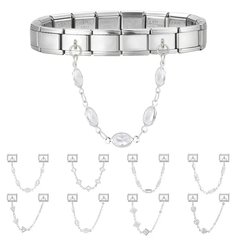 New 9MM Italian Charm Module Inlaid Crystal Zircon Tassel Chain Buckle Bead Female DIY Elastic Bracelet Jewelry Accessories Gift Qme