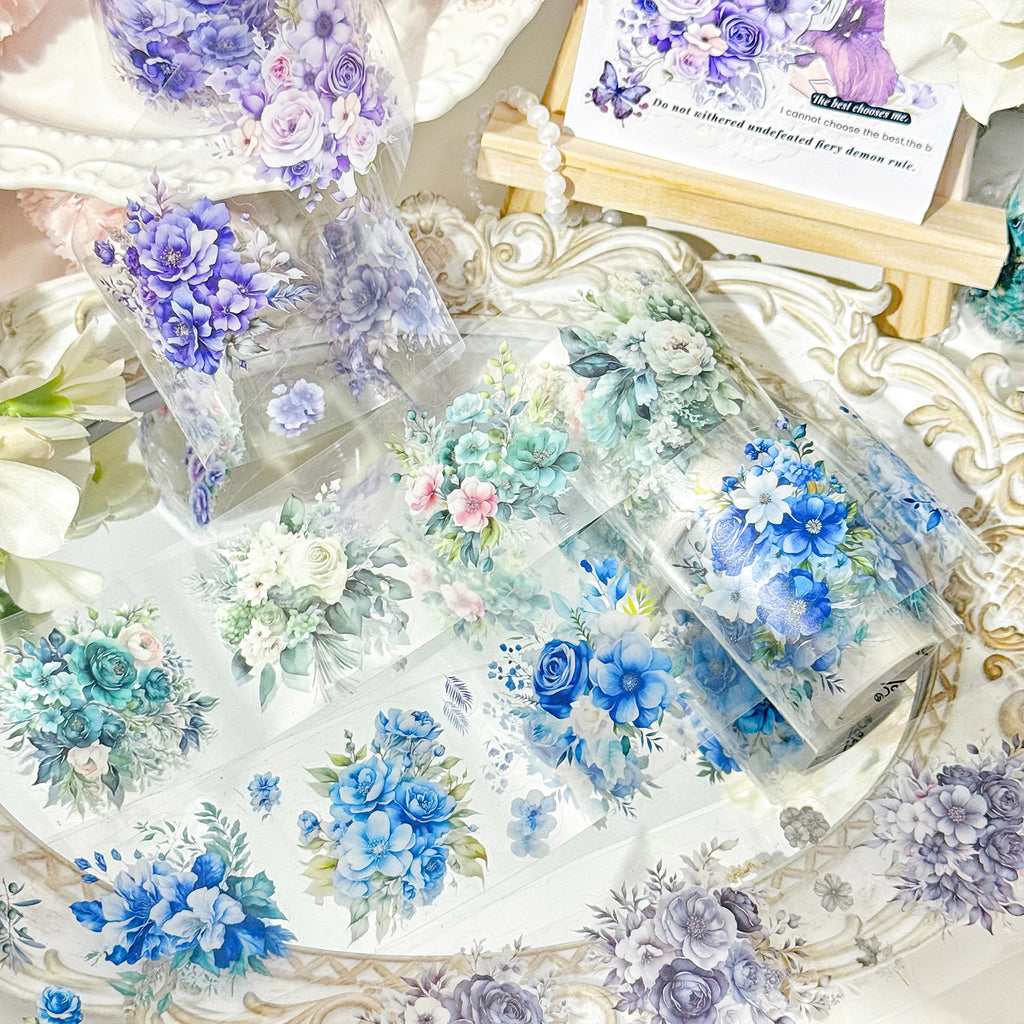 4Rolls/2m Laser Blue Red Flower Japanese PET Tape Set Decorative Masking Tape Scrapbooking Stickers Journal Aesthetic Stationery Qme