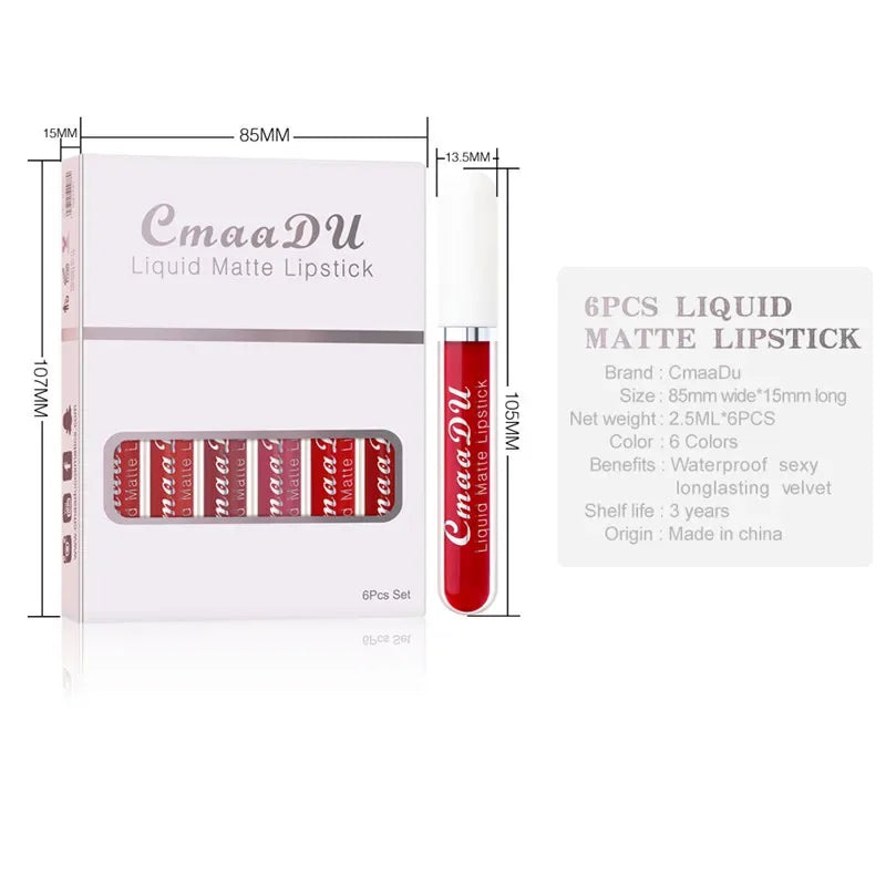 6 Colors/Set Fashion Matte Lip Gloss Sets Natural Moisturize Waterproof Lasting Velvet Sexy Red Liquid Lipstick Beauty Cosmetic Qme