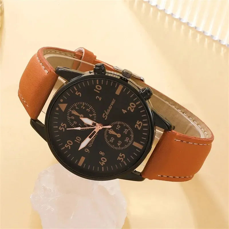 2026 4pcs/5pcs Men's leather strap watch, high-end Hong Kong style fashion watch, business binocular watch set Qme