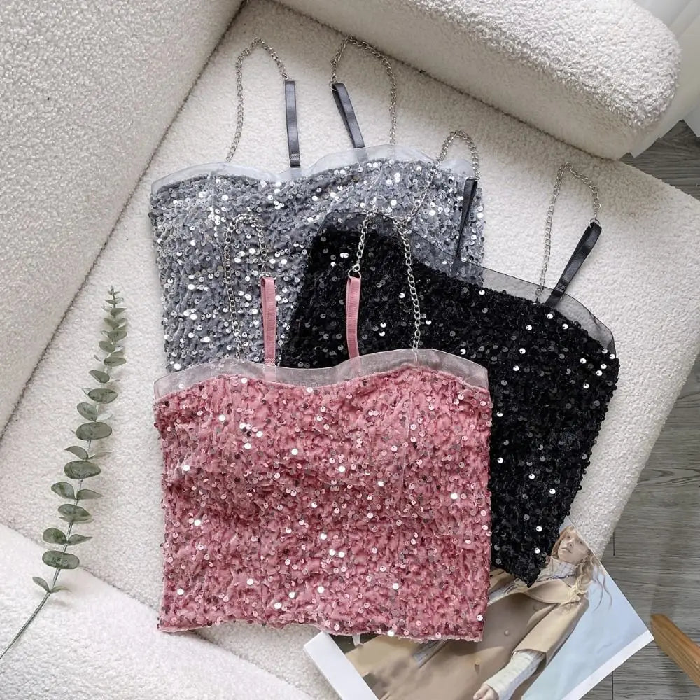 Fashion Crop Top Shiny Sequin Vest Slim Sweet Bottoming Shirt Party Bling Sleeveless Camisole Girl Qme