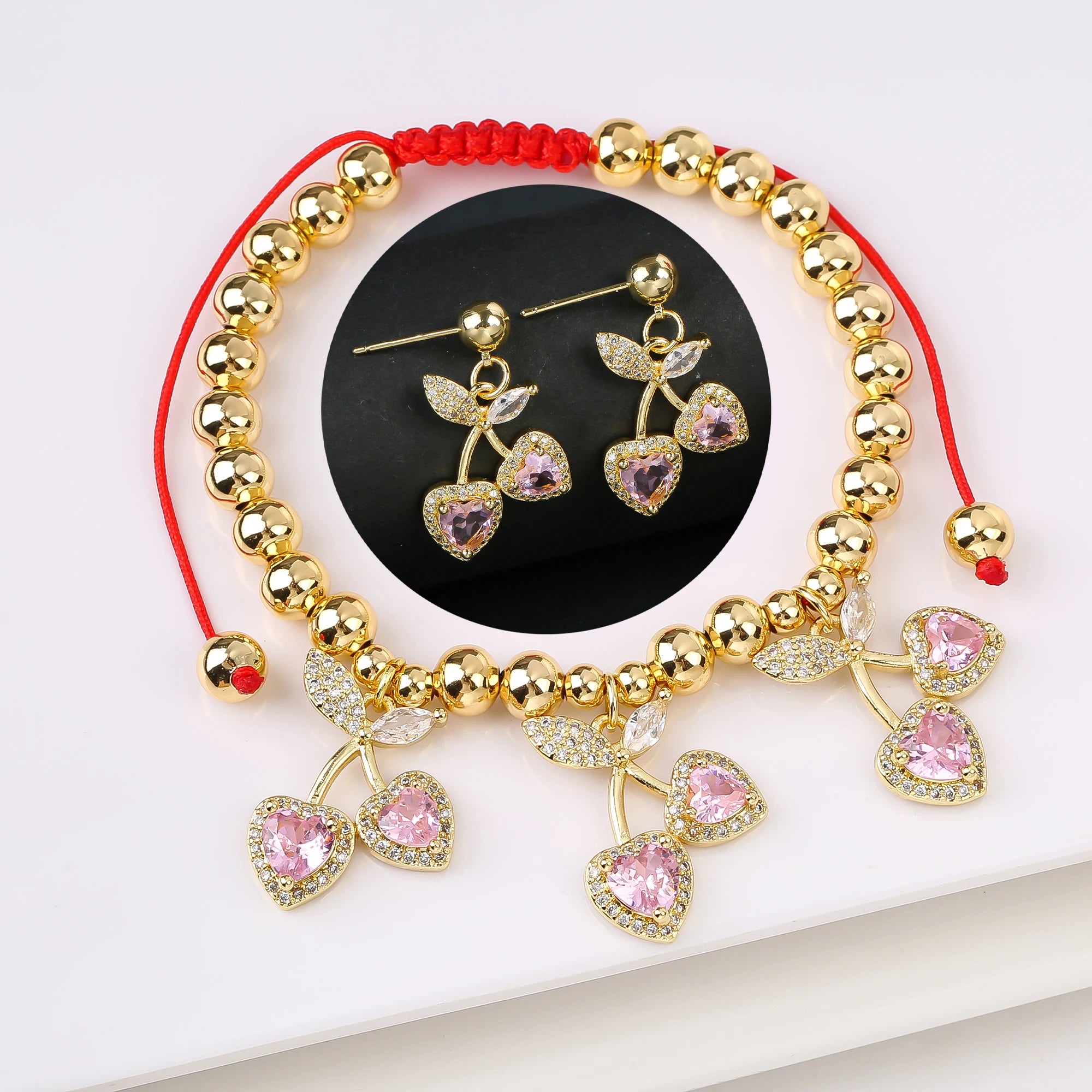 2PCS Trendy Red Cherry Strawberry Bracelet Earring Fruit Set for Women Casual Vacation Zirconia Jewelry Girls Lucky Gift Qme Jewelry Set 11