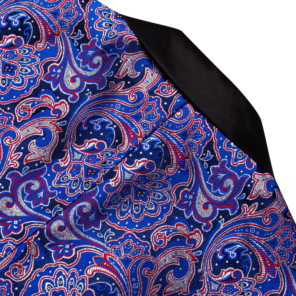 Men's Blue Red Paisley Jacquard Shawl Lapel Tuxedo Blazer Single Qme