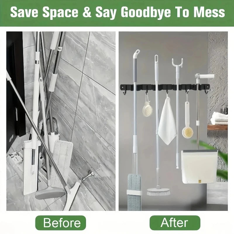 1 Heavy-Duty Metal Tool Rack with 4 Slots and 5 Hooks - Wall-Mounted Garden Tools, Broom, Mop and Garage Equipment, Tool Rack St Qme