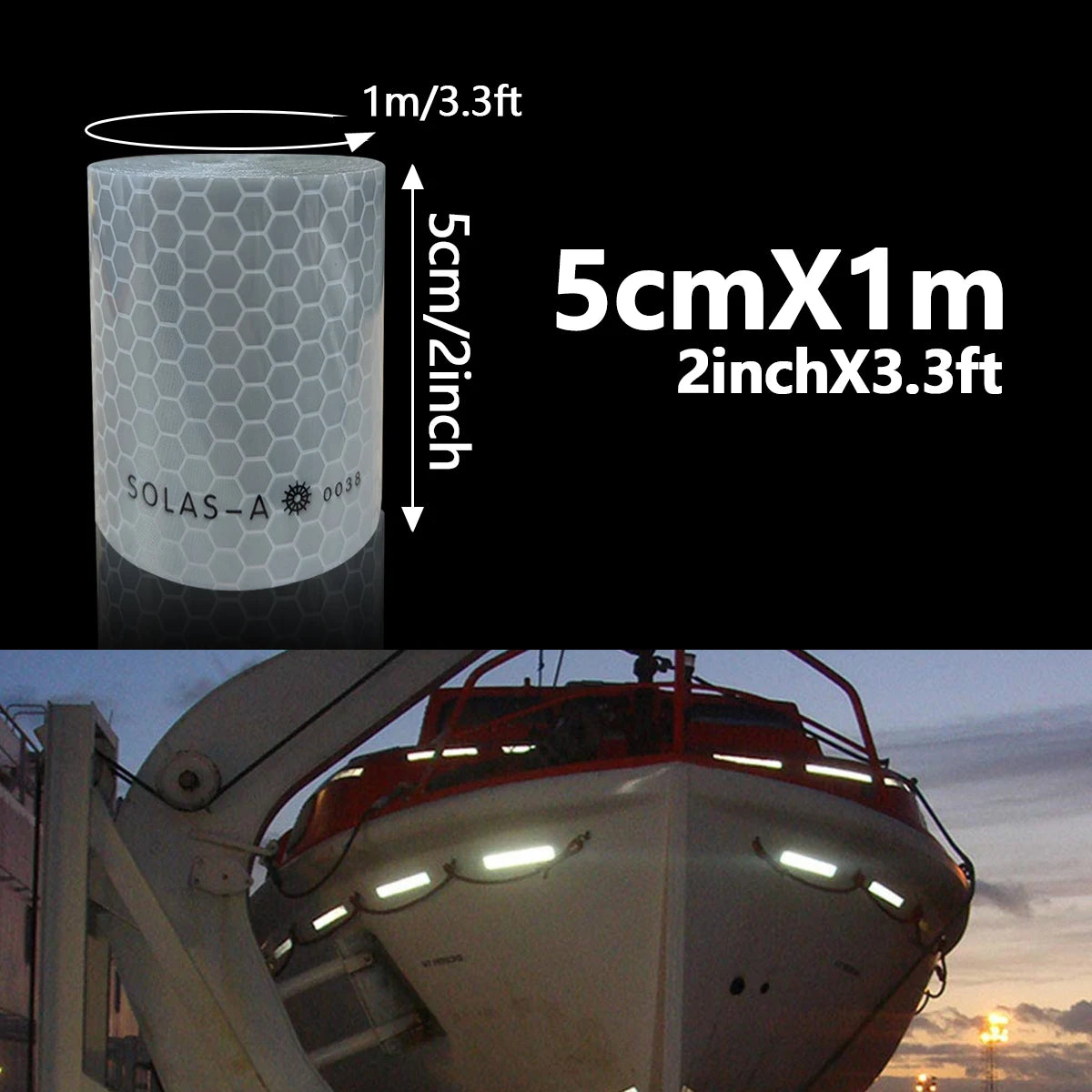 Maritime Film SOLAS Grade Reflective Tape for Ships, Eye-Catching Safety Warning, Silver White Waterproof Super Reflective Qme Length 1m 5cm