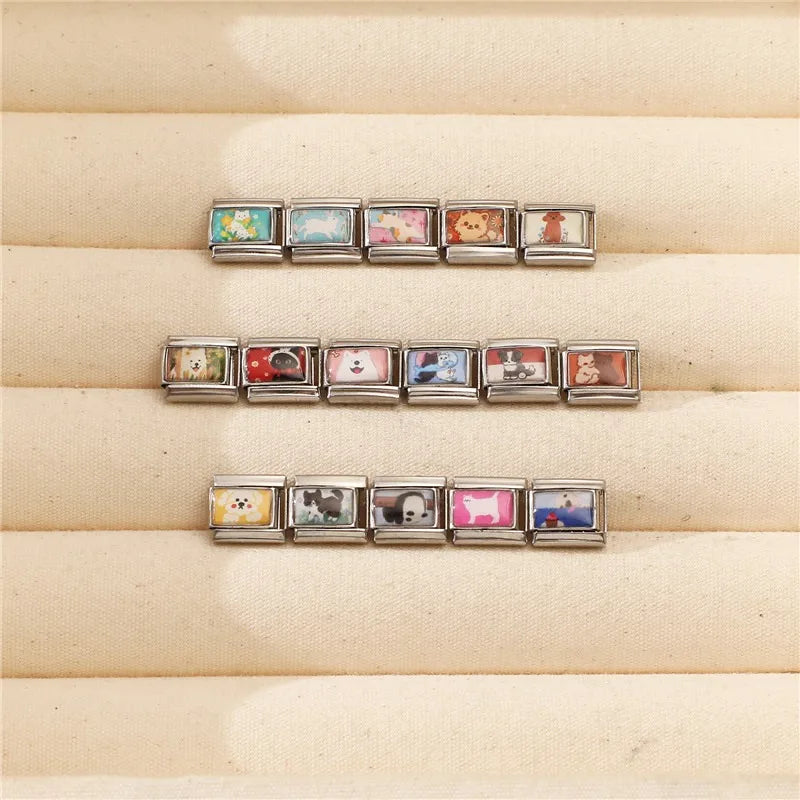 Design Cute Cartoon Animal Pet Series Cat Dog Rabbit Italian Link fit 9mm Stainless Steel Bracelet Making Gift DIY Charm Jewelry Qme