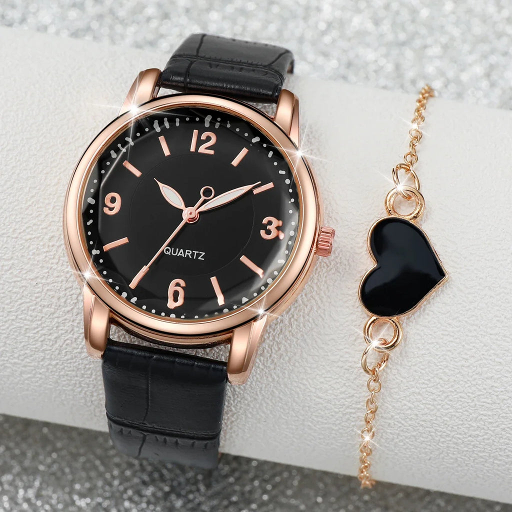 Mulheres Casual Relógio de Quartzo Mostrador Árabe, Pulseira de Couro, Conjunto de Pulseira Coração sem Caixa, 2 peças Qme