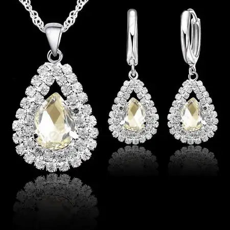 Hot Sale Bridal Jewelry Set 925 Sterling Silver Color Austrian Crystal Water Drop Necklaces Hoop Earring Women Party Engagement Qme