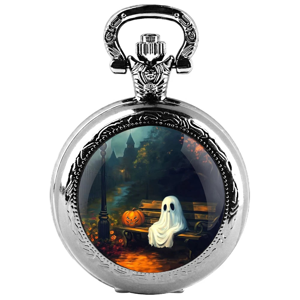 Halloween Cosplay Ghost Glass Dome Quartz Pocket Watch With Durable Chain Arabic Numeral Dial Creative Gifts for Men Women Qme Silvery