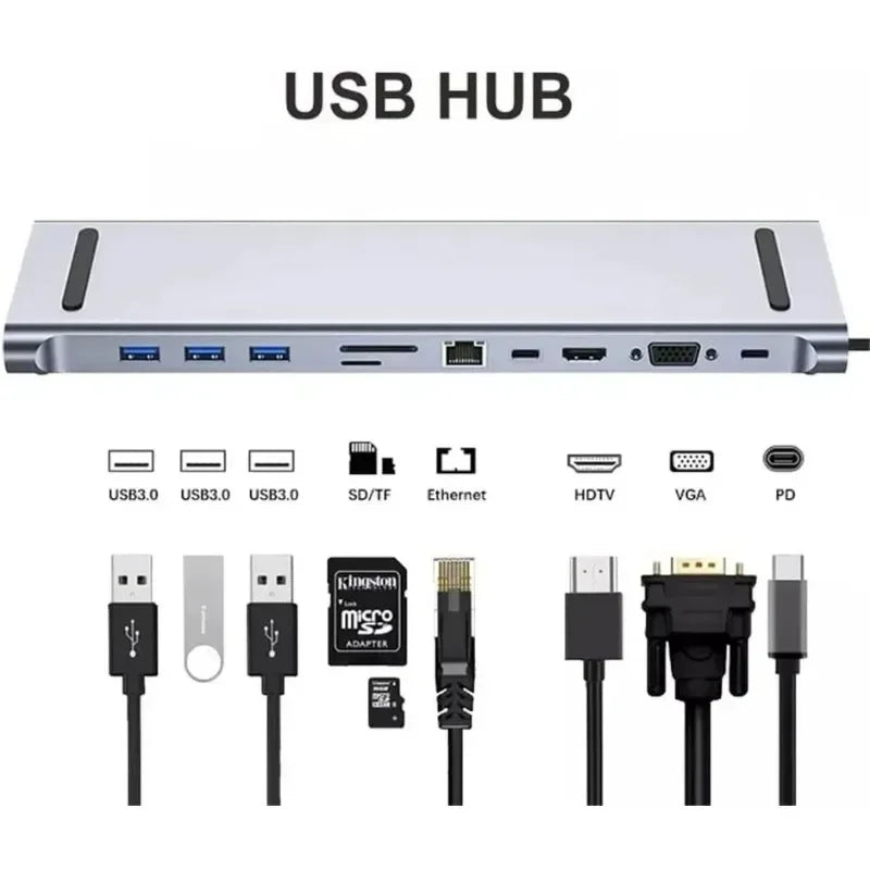 11 In 1 USB C HUB Type C Docking Station Ethernet Network USB 3.0 Adapter Cables PD 100W Splitter Qme Gigabit 11in1