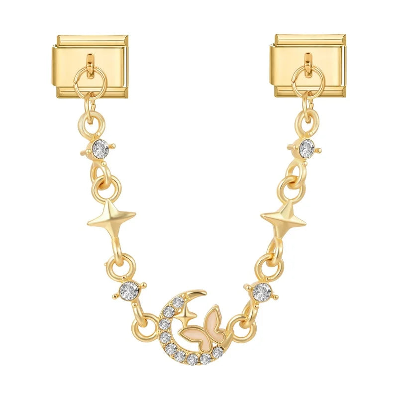 Y2K Gold Color Round Planet Pendant Tassel Chain Charm Italian Links Fit 9mm Stainless Steel Module Bracelet DIY Making Jewelrys Qme S 8