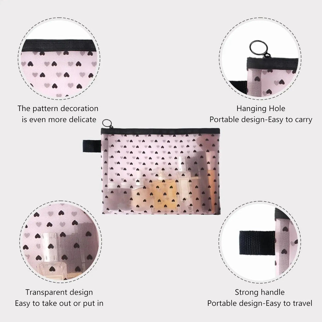 Makeup Bag Heart Print Mesh Portable Zippered Pouch Cosmetic Qme