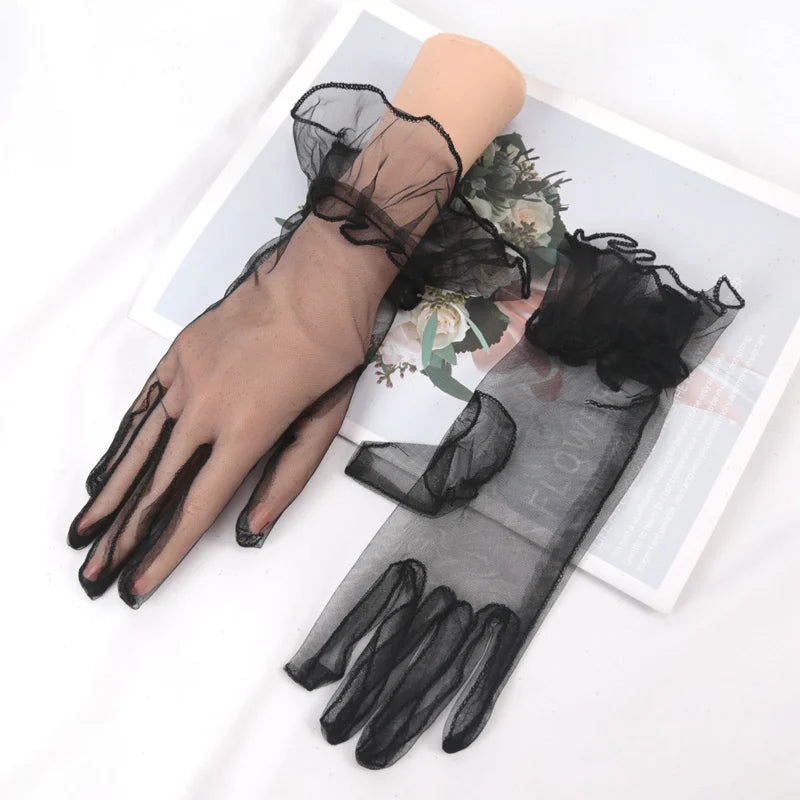 Sexy Transparent Lace Black White Gloves Solid Fashion Women Drive Qme black