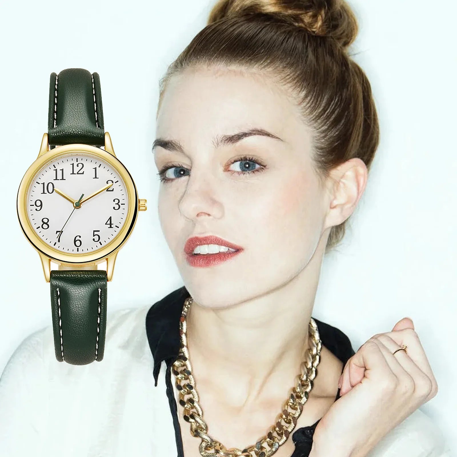 Leather Strap Movement Women Quartz Fine Watch Easy To Read Arabic Numerals Simple-Dial Fashion Minimalism Daily Versatile Watch Qme Green