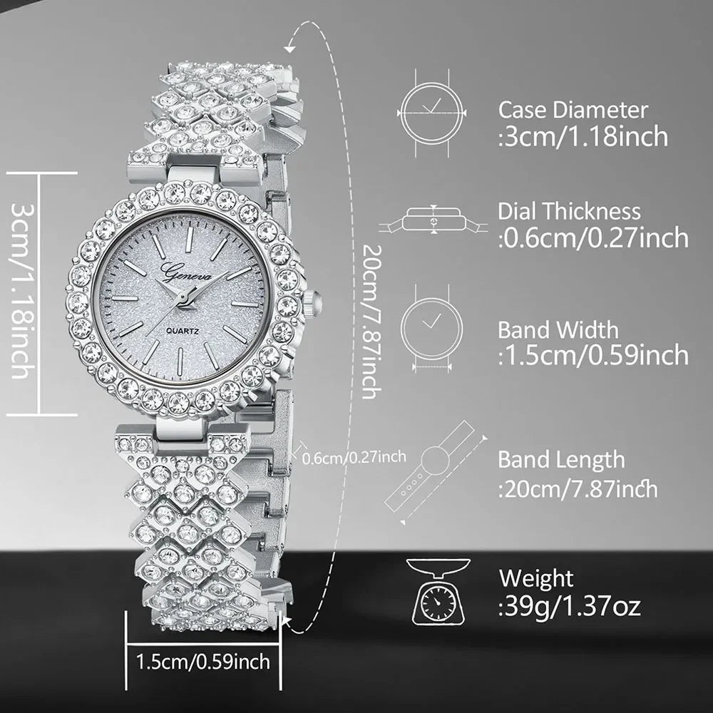 6PCS Silver Women's Watch Set Luxury Fashion Quartz Watch Bracelet Necklace Earrings Set Perfect Gift for Friends or Moms Qme
