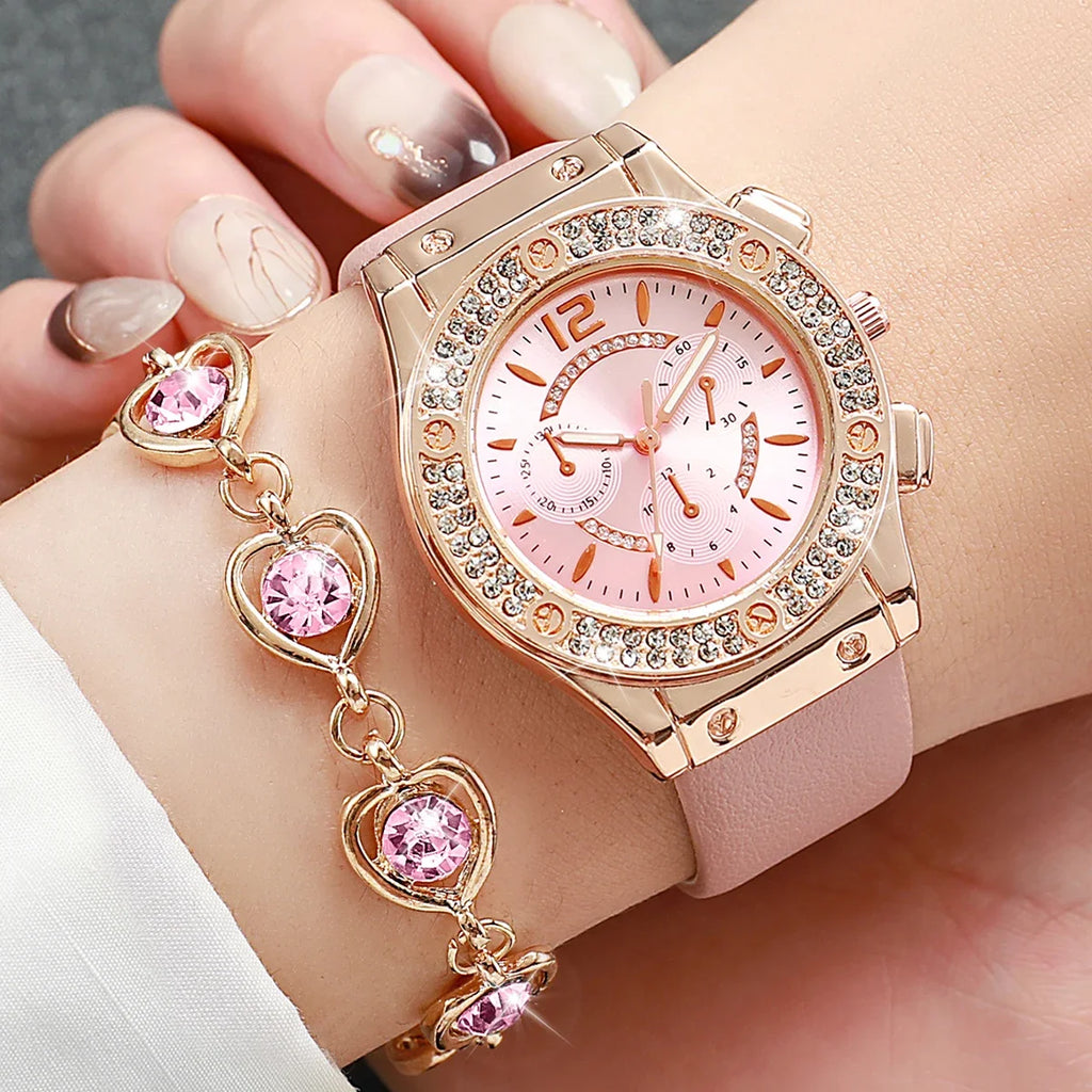 6PCS/Set Fashion Rhinestone Women's Watch Leather Band Analog Quartz Watches Heart Jewelry Set（Without Box） Qme