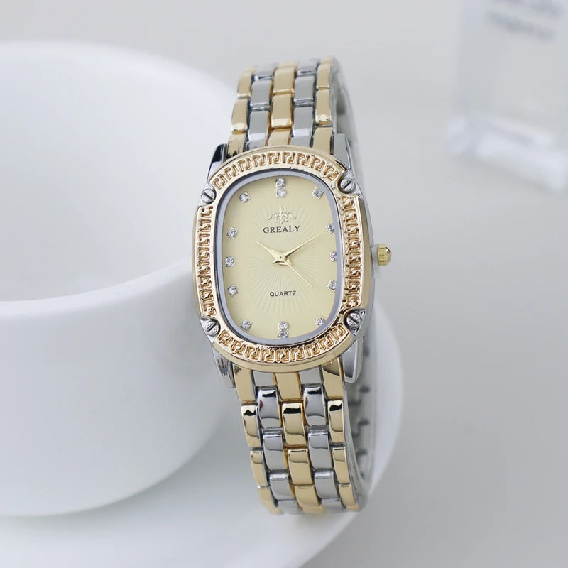 Luxury Fashion Metal Band Watches for Women Brand Simple Casual Oval Rhinestone Ladies' Quartz Wristwatch Qme Half Gold Gold