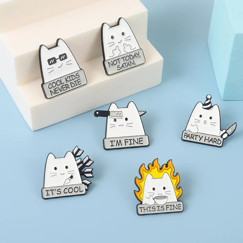 Cartoon Cat Enamel Pin I'm Fine Quote Metal Cute Animals Knife Badge Lapel Clothes Brooch Jewelry Gift Backpack Gift for Friends Qme