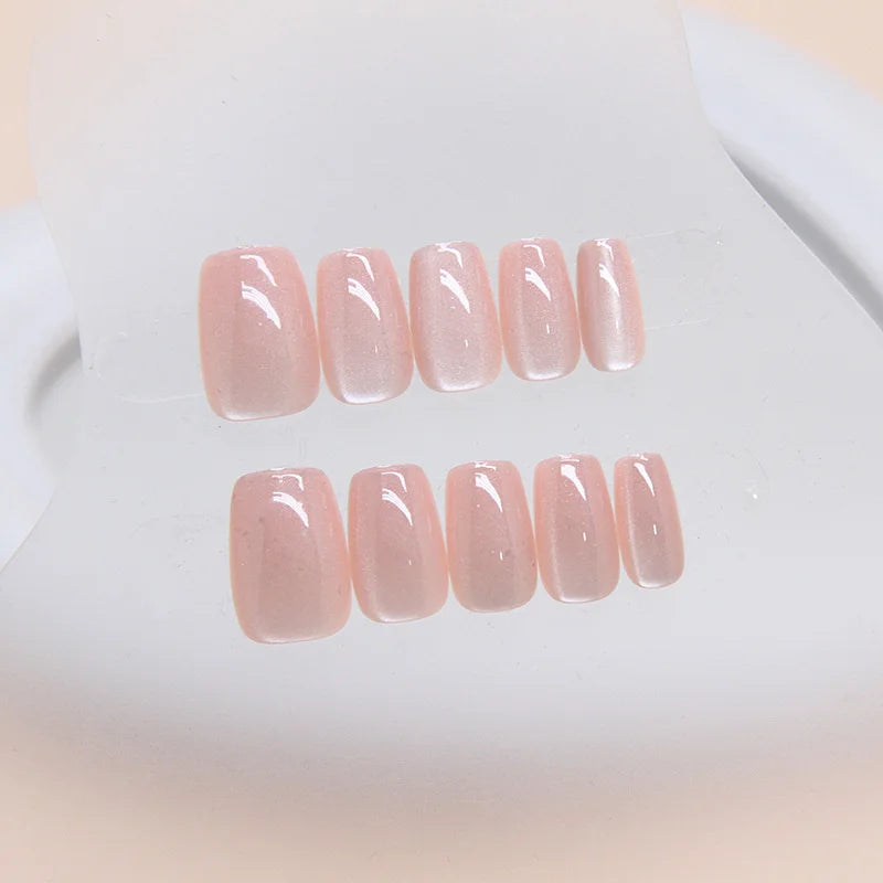 Nude Pink Cat Eye Press-on Nails Reusable Glossy Translucent False Qme