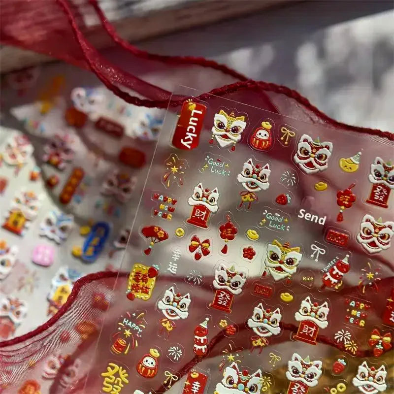 Cute Chinese Year Horse Lion Dance Bow Nail Art Print Stickers Lucky Qme