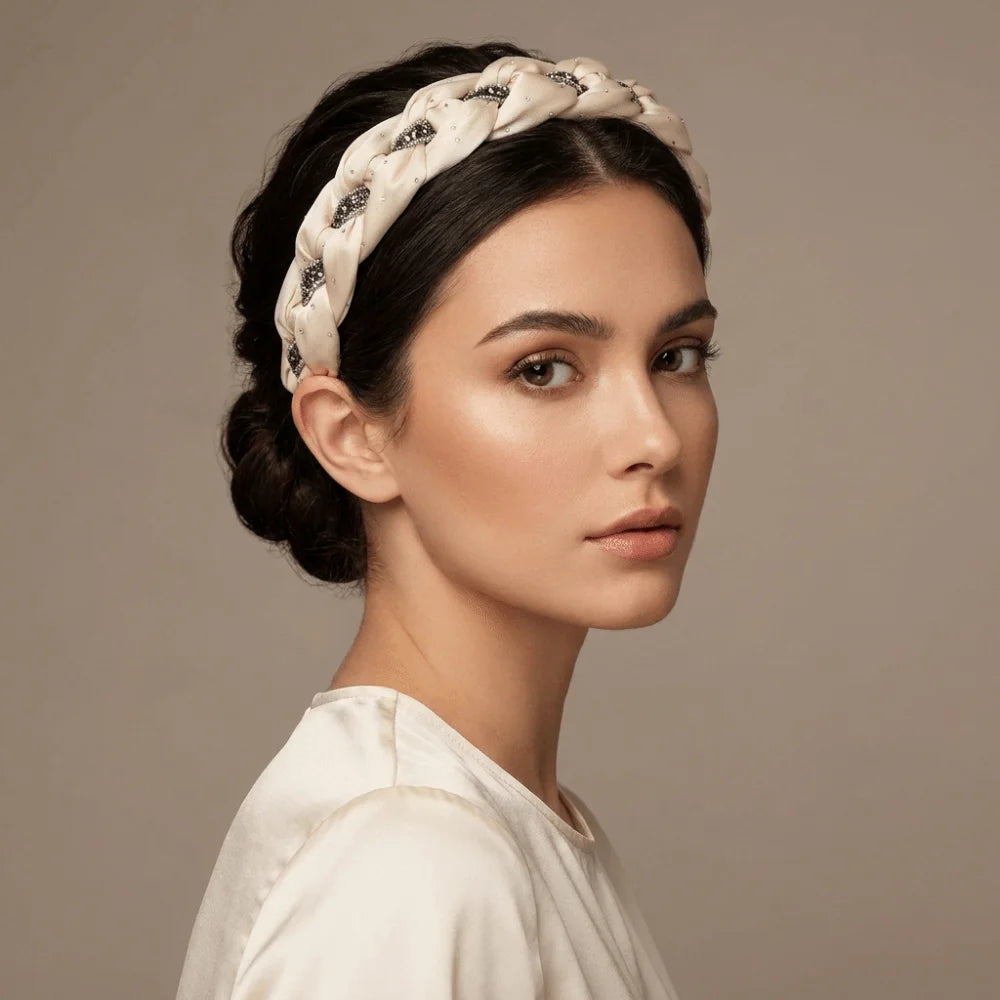 Wide Brim Rhinestone Headband Soft Fabric Twisted Knotted High Cranial Hair Hoop Elegant Non-Slip Braided Hairband Women Qme