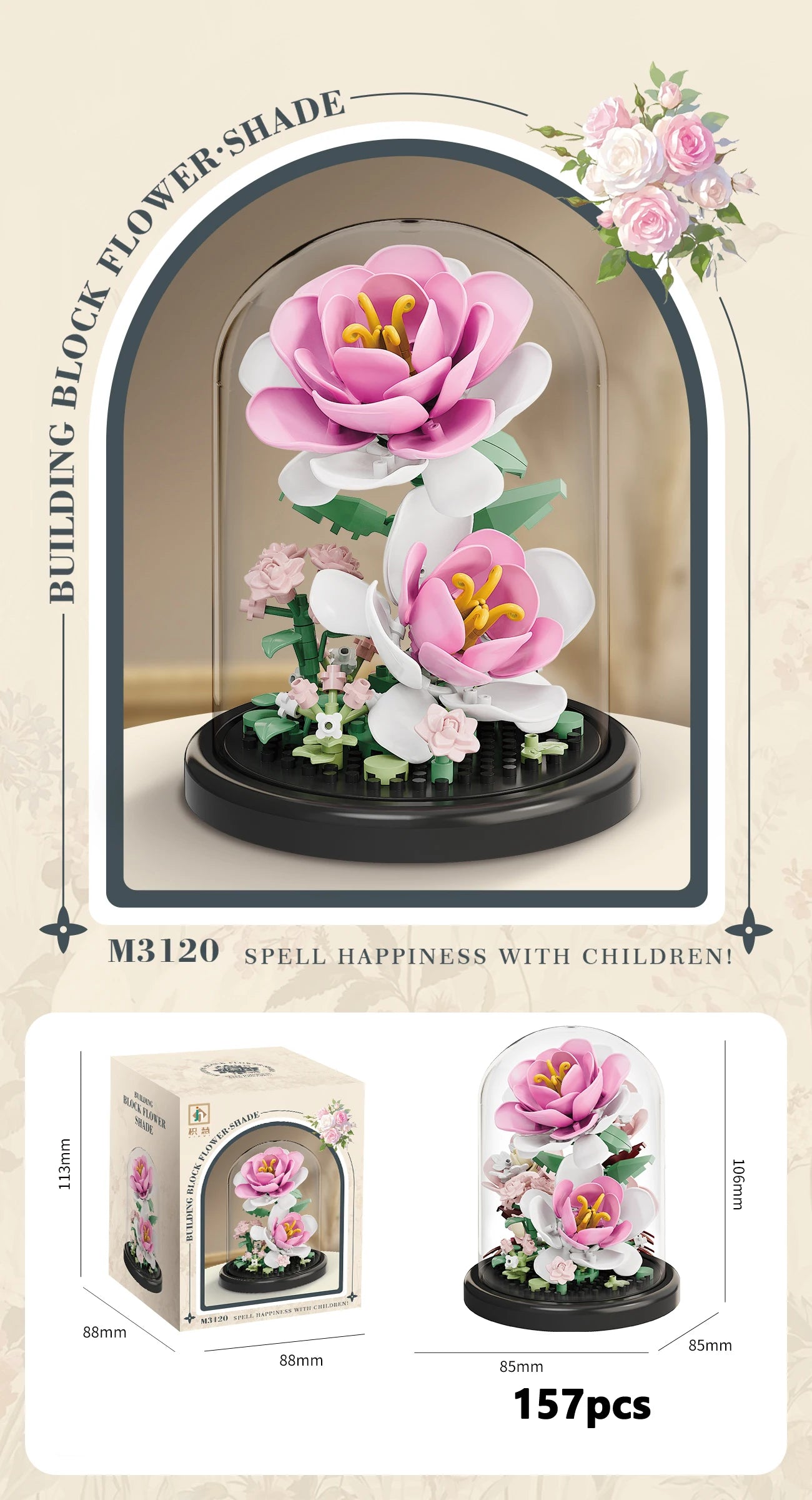 Eternal Flower Bouquet Bonsai Potted Plant Micro Building Blocks Model Home Decoration Puzzle Toys Kids Birthday Christmas Gifts Qme 3120-With Cover