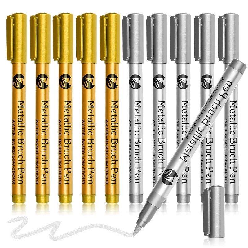 Metallic Paint Marker Pens, Brush Tips, Waterproof, Permanent Art Marker For Manga Crafts Scrapbooking Stationery Supplies Qme