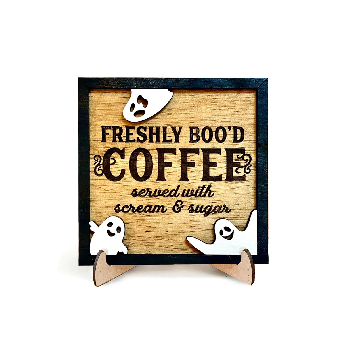Halloween 3D Wooden Coffee Sign - 'Freshly Boo'd Coffee Served With Scream & Sugar' with 3 Ghosts,Spooky Kitchen/Boo Crew Decor Qme YXZH0529