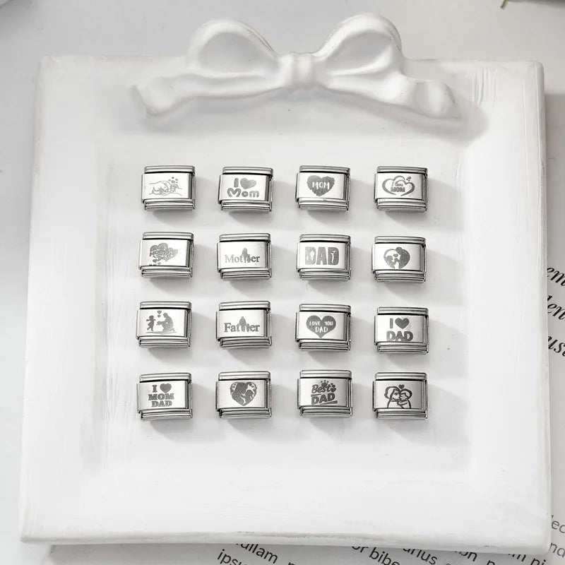 Black Laser Engraving Dad Mom Father's Day Mother's Day Italian Charm Link Fit 9mm Stainless Steel Bracelet DIY Making Jewelrys Qme