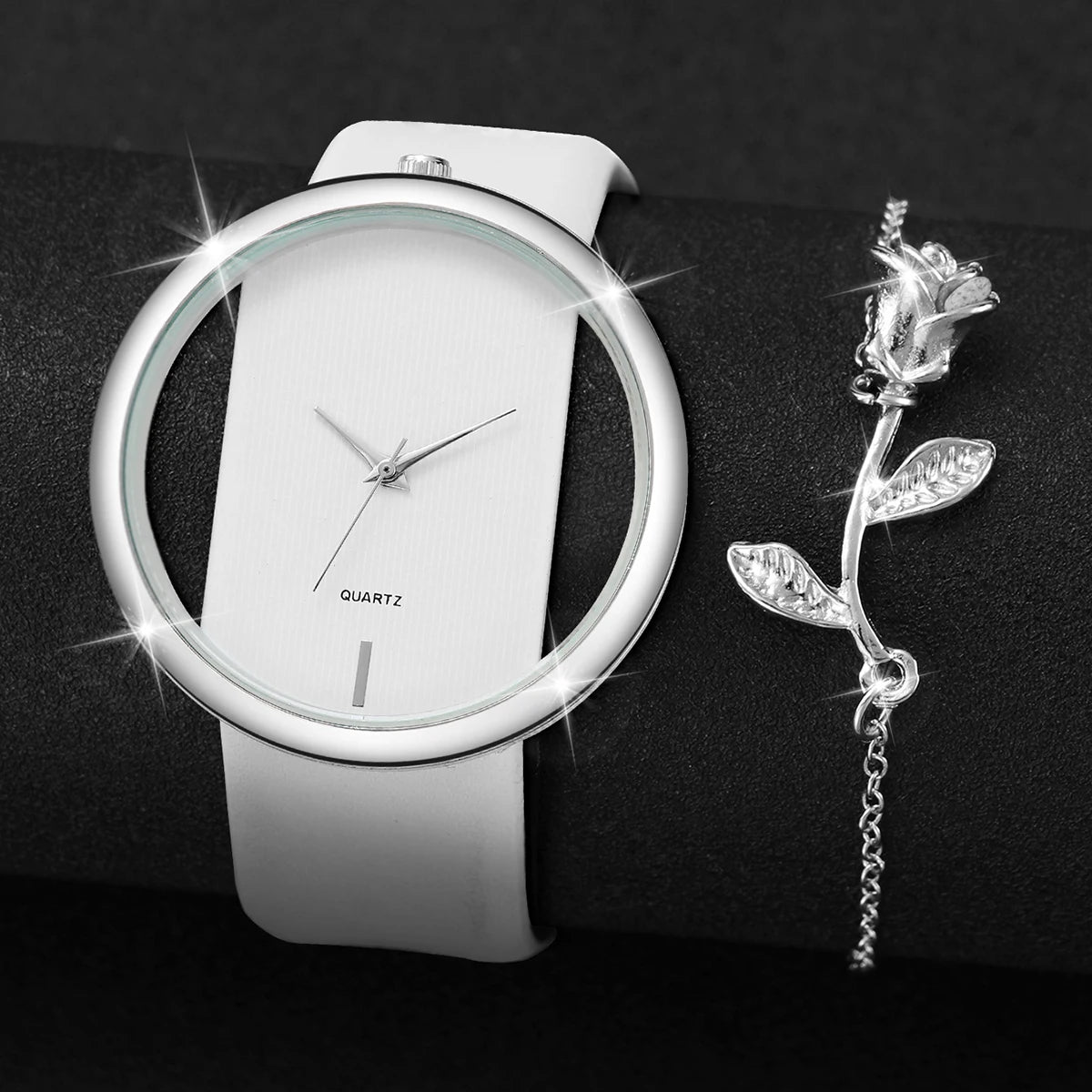 2PCS/Set Fashion Hollow Dial Women Watches Leather Band Quartz Watch Flower Bracelet Set Qme
